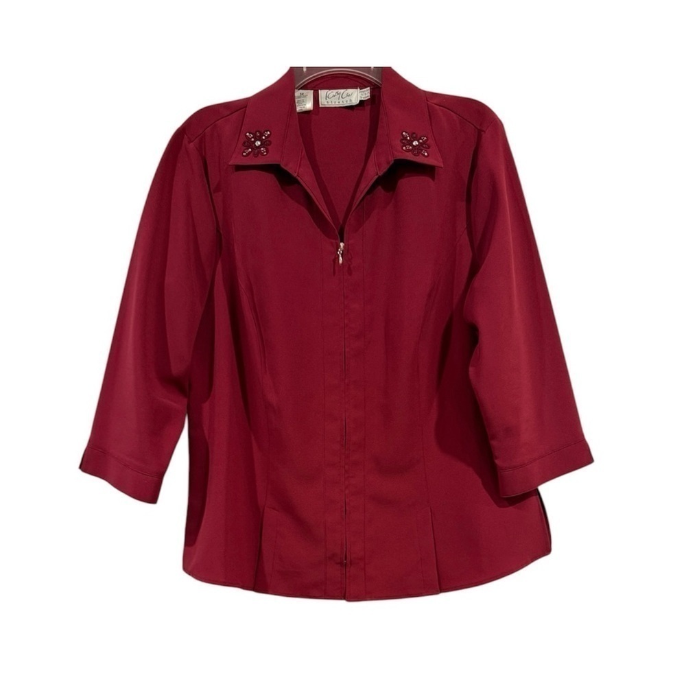 Kathy Che Burgundy Zip Blouse Embellished Stretch Career Size 14